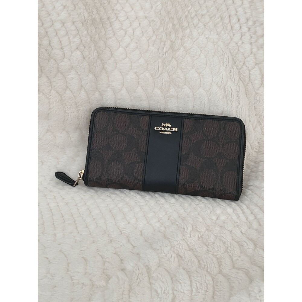Coach Signature Brown Black Zip Around Accordion Wallet F54630